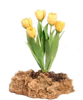 Dollhouse Miniature Tulips Plant On The Rock, Yellow